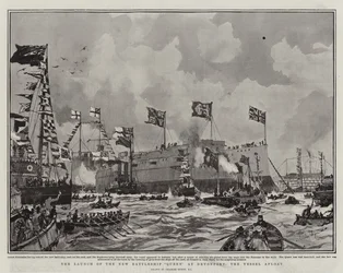 The Launch of the New Battleship Queen at Devonport, the Vessel Afloat